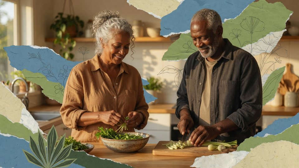 Two older adults preparing food in a domestic kitchen