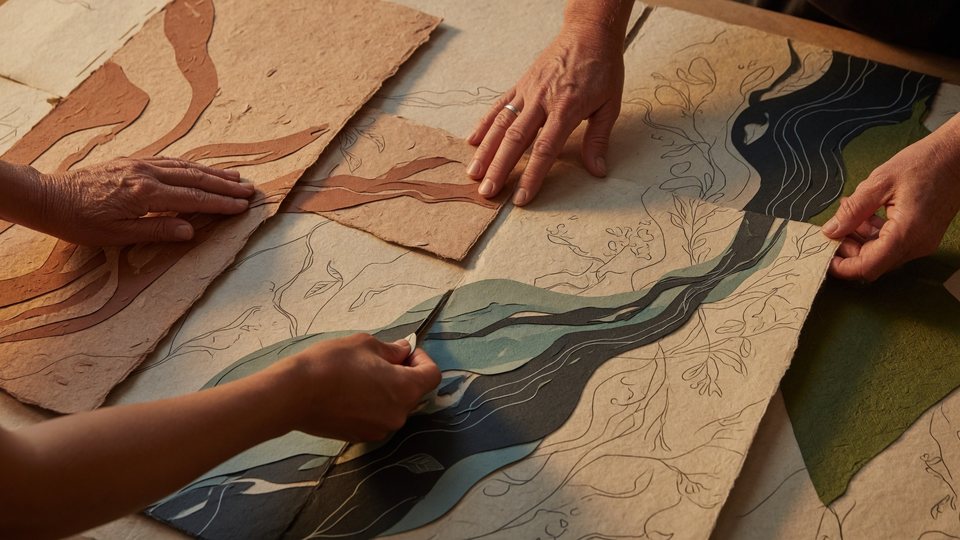 Hands arranging a community folio